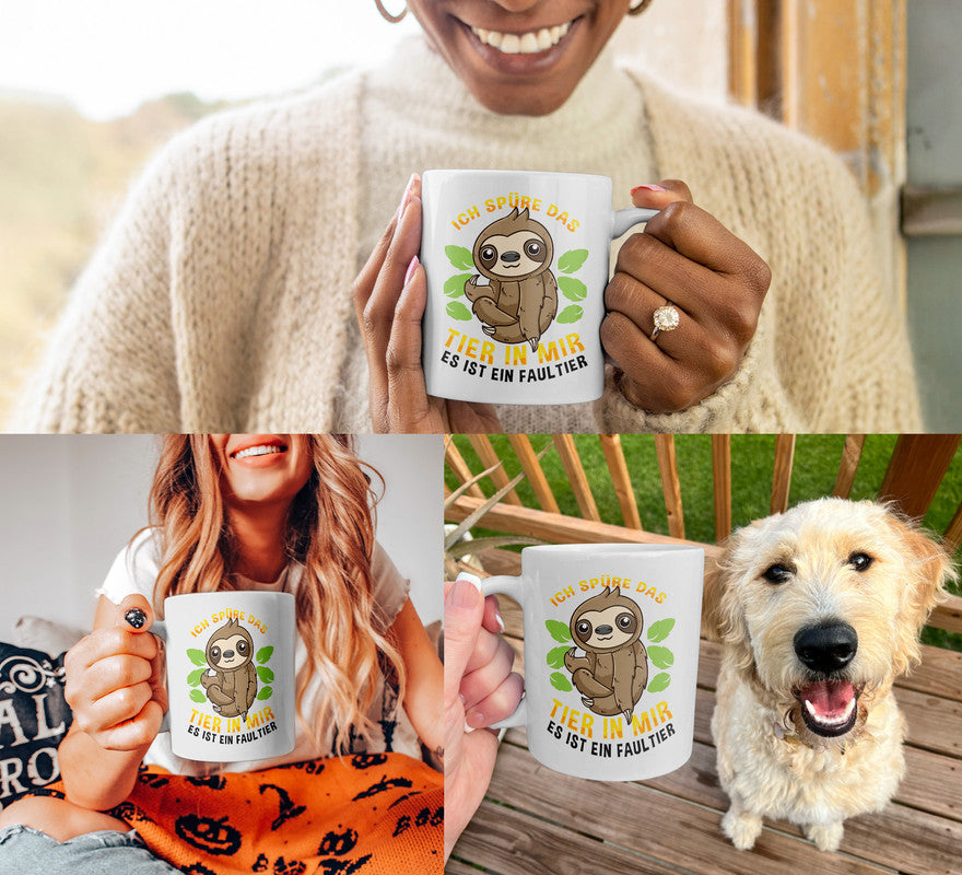22Feels® Tasse mit Faultier Tiermotiv - Büro Geschenkidee - Spruch: Ich Spüre Das Tier In Mir (Weiss, 320ml)-Weisse Tasse 320ml-22Feels