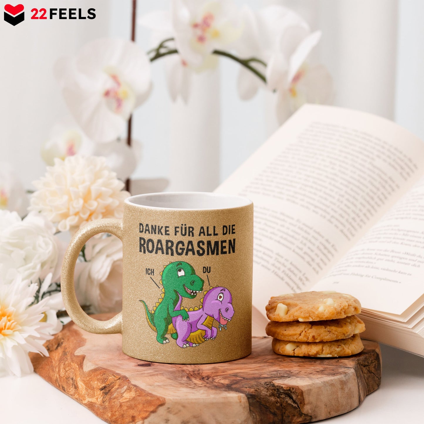 22Feels® Frauen Geschenk zum Jahrestag, Hochzeitstag, Valentinstag etc. - Glitzertasse mit Spruch: Danke für all die Roargasmen (Gold, 320ml)-Glitzertasse Gold 320ml-22Feels