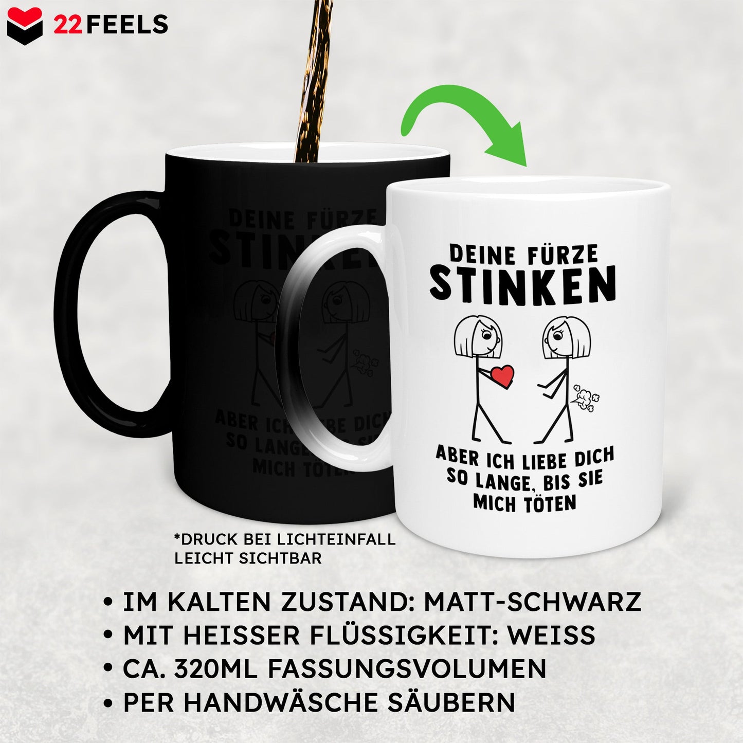 22Feels® Lesbische Frau Geschenk zum Jahrestag, Hochzeitstag, Valentinstag etc. - Zaubertasse mit Spruch: Deine Fürze Stinken (Matt-Schwarz und Weiss, 320ml)-Farbwechsel Tasse Matt 320ml-22Feels