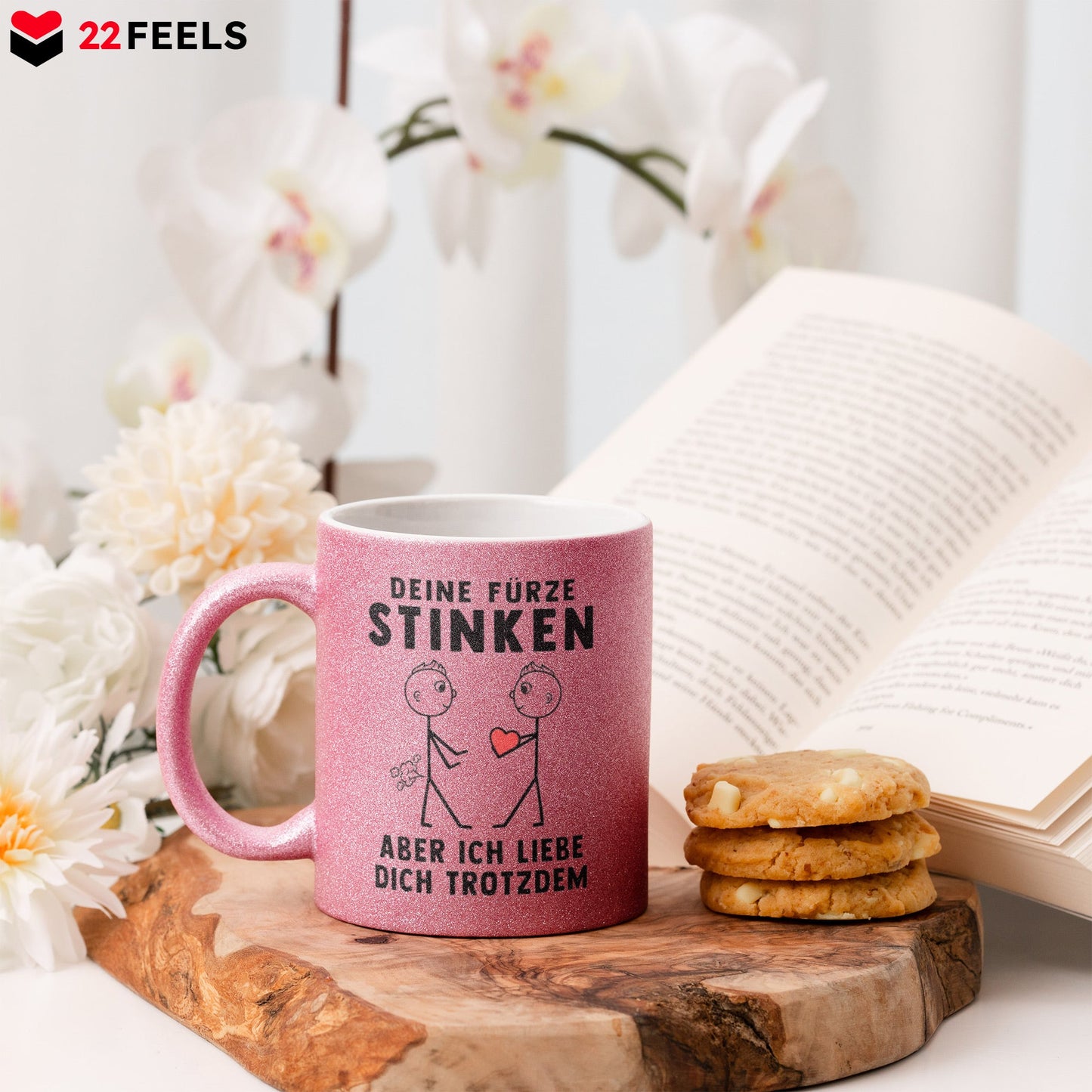 22Feels® Schwuler Mann Geschenk zum Jahrestag, Hochzeitstag, Valentinstag etc. - Glitzertasse mit Spruch: Deine Fürze Stinken (Pink, 320ml)-Glitzertasse Pink 320ml-22Feels