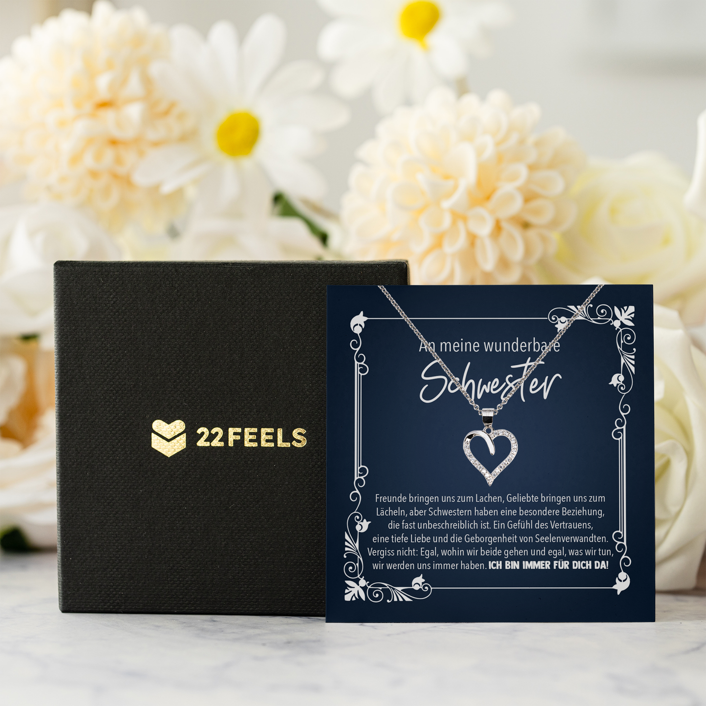 22Feels® Schwester Geschenk - Echt Silber 925/000 Schmuckset: Herz Halskette mit Botschaftskarte-Schmuck mit Botschaftskarte - Herz21-22Feels