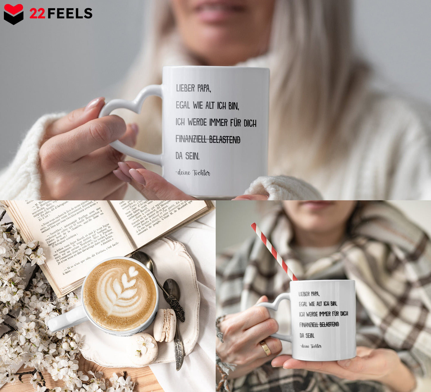 22Feels® Papa Geschenk von Tochter - Tasse mit Spruch (Herzhenkel, Weiss, 320ml)-Tasse Weiss Herzhenkel 320ml-22Feels