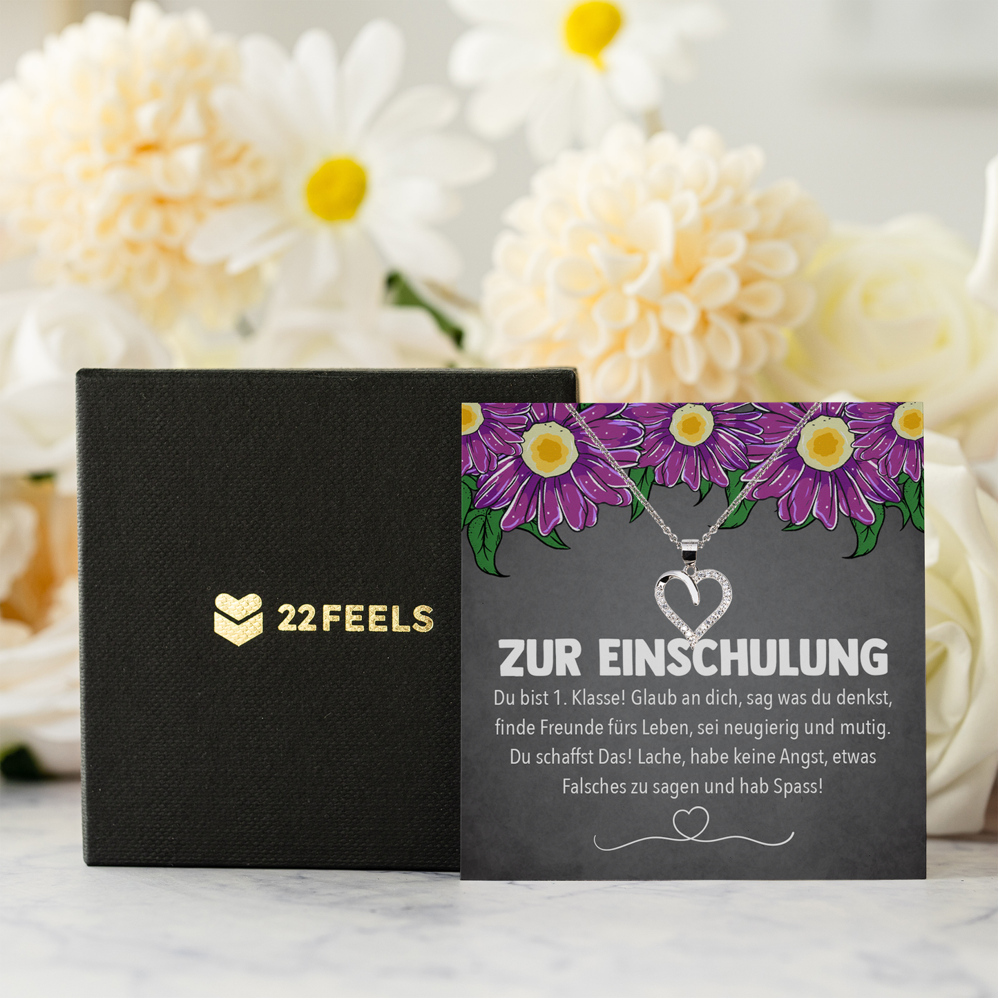 22Feels® Mädchen / Tochter Einschulung Geschenk - Echt Silber 925/000 Schmuckset: Herz Halskette mit Botschaftskarte-Schmuck mit Botschaftskarte - Herz21-22Feels