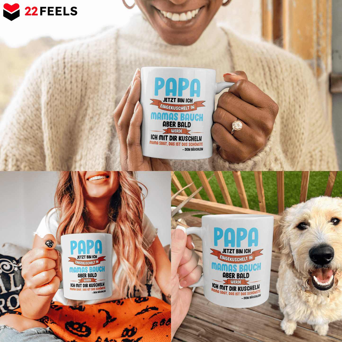 22Feels® Geschenk für Werdende Väter - Du Wirst Papa Tasse mit Spruch: Jetzt Bin Ich Eingekuschelt (Weiss, 320ml)-Weisse Tasse 320ml-22Feels