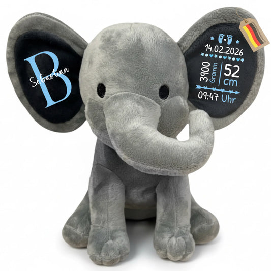 22Feels Plüschtier - Personalisiertes Babygeschenk zur Geburt - Elefant Kuscheltier mit Geburtsdaten (25 cm)-Elefant Kuscheltier-22Feels