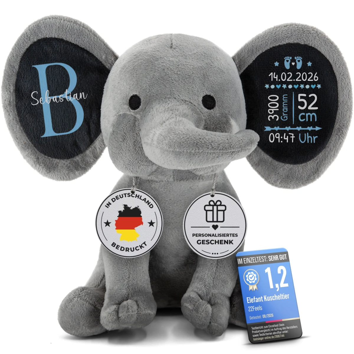 Personalisierter Elefant mit Geburtsdaten (25 cm, Grau oder Pink)-Elefant Kuscheltier-22Feels