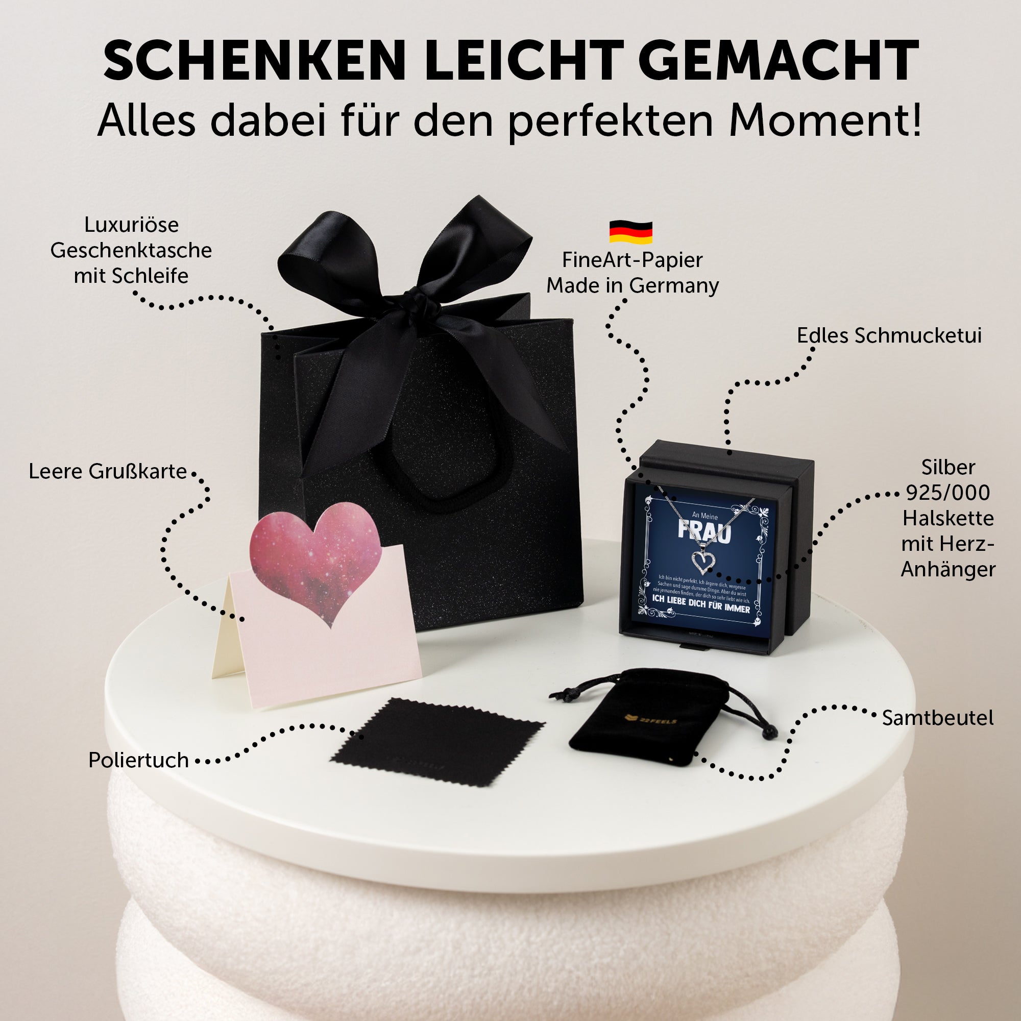 22Feels® Ehefrau Geschenk zum Hochzeitstag, Valentinstag, Geburtstag etc. - Echt Silber 925/000 Schmuckset: Herz Halskette mit Botschaftskarte-Schmuck mit Botschaftskarte - Herz21-22Feels