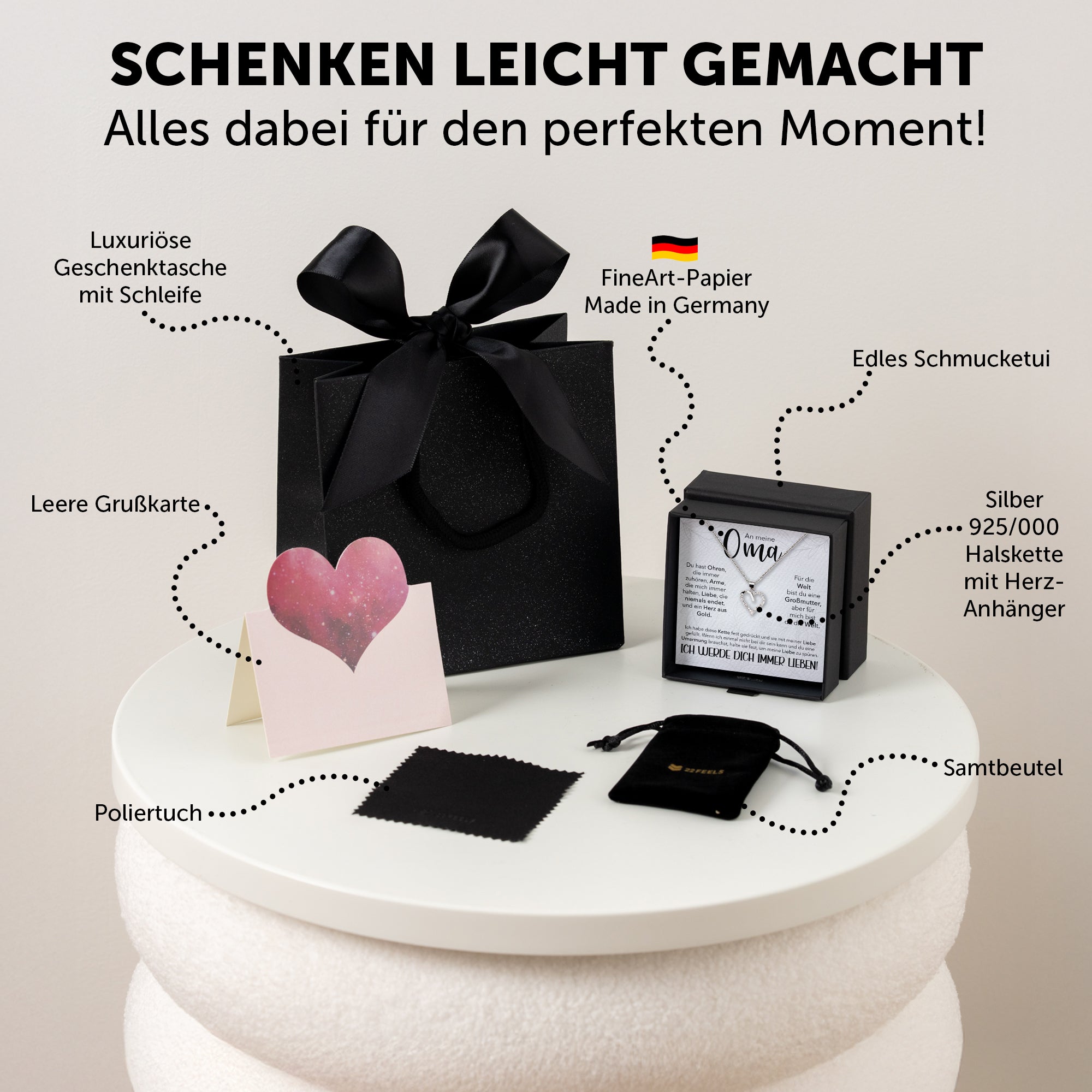 22Feels® Liebe Oma Geschenk Silber 925/000 Herz Halskette Karte Frauen Schmuck Damen Collier Grossmutter Weihnachten Geburtstag Muttertag Grosseltern-Schmuck mit Botschaftskarte - Herz21-22Feels