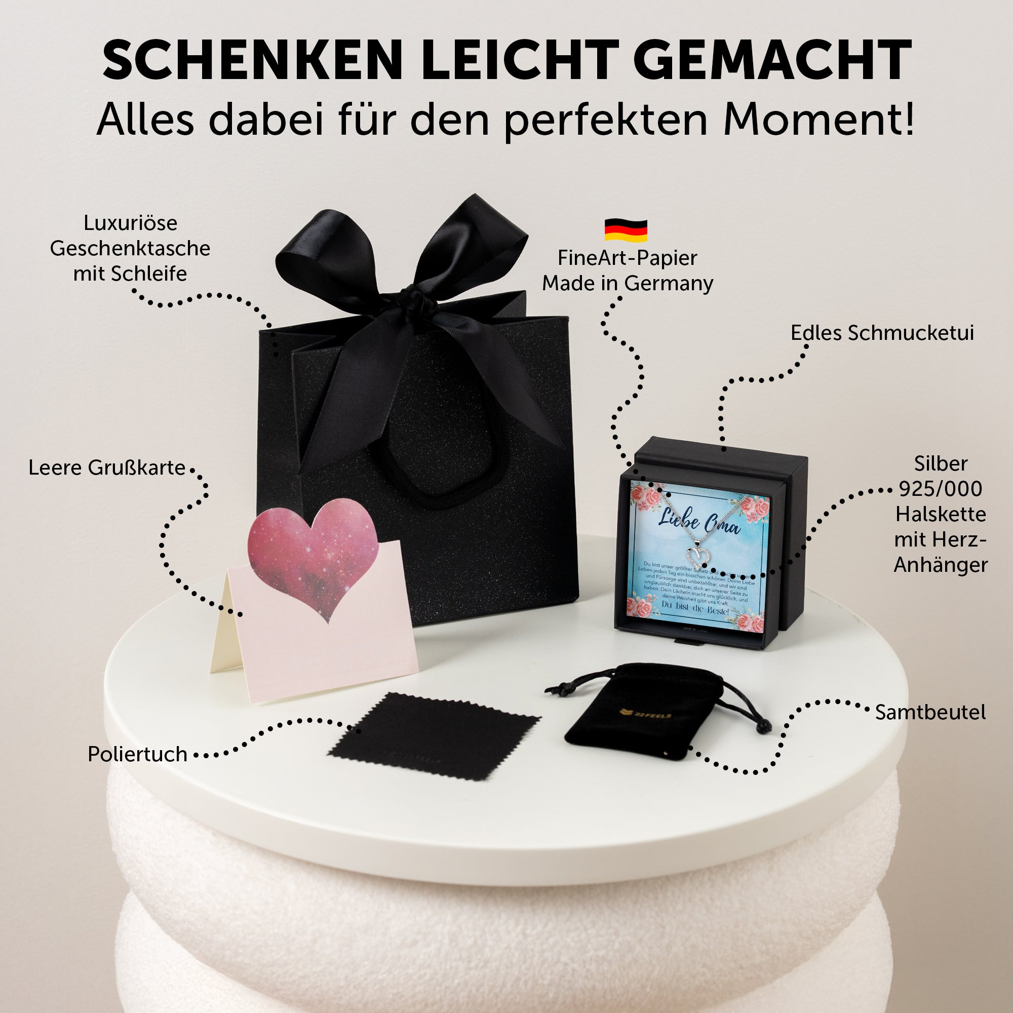 22Feels® Liebe Oma Geschenk Silber 925/000 Herz Halskette Karte Frauen Schmuck Damen Collier Grossmutter Weihnachten Geburtstag Muttertag Grosseltern-Schmuck mit Botschaftskarte - Herz21-22Feels