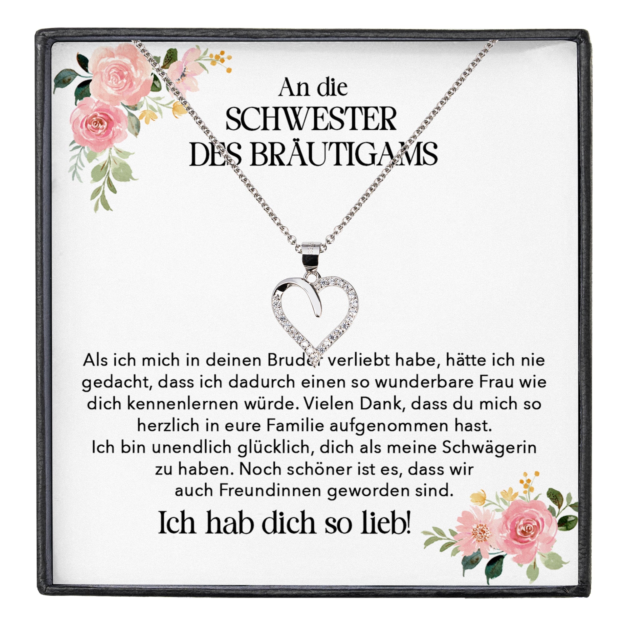22Feels® Schwester des Bräutigams Geschenk von Braut Silber 925/000 Herz Halskette Frauen Schmuck Schwägerin Hochzeit Damen Collier mit Steinen-Schmuck mit Botschaftskarte - Herz21-22Feels