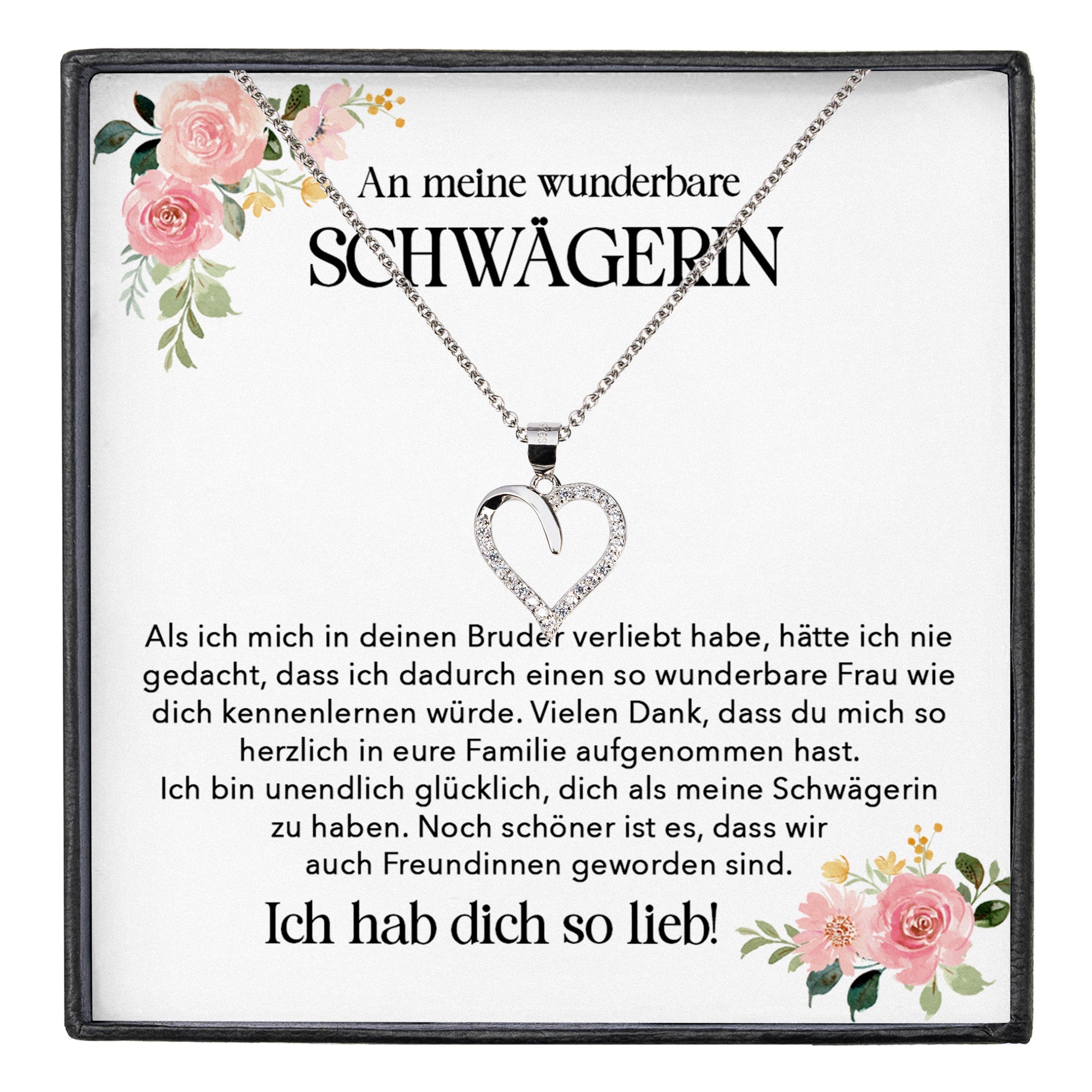 22Feels® Wunderbare Schwägerin Geschenk Silber 925 Herz Halskette mit Karte Frauen Schmuck Damen Collier Hochzeit Geburtstag Weihnachten Zirkonia-Steine-Schmuck mit Botschaftskarte - Herz21-22Feels