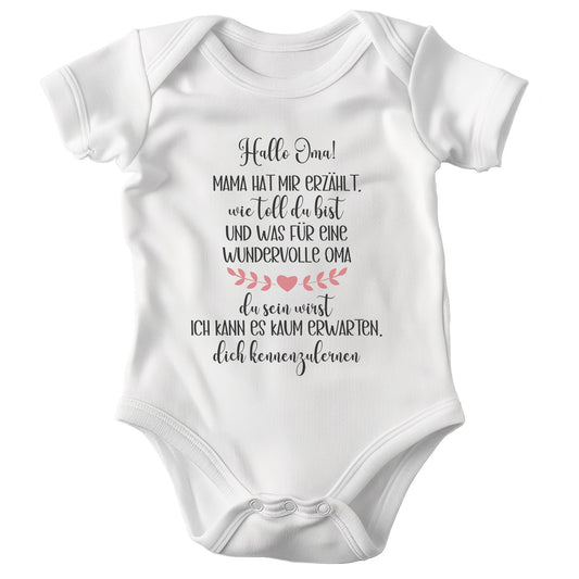 Unisex Babybody Hallo Oma Kurzarm BIO-Baumwolle Weiss Strampler Babyparty Geschenk Babshower Schlupfkragen Weicher Einteiler für Neugeborene Babys-Baby Body-22Feels