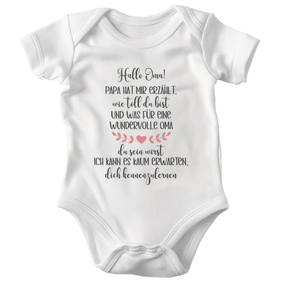 Unisex Babybody Hallo Oma Kurzarm BIO-Baumwolle Weiss Strampler Babyparty Geschenk Babshower Schlupfkragen Weicher Einteiler für Neugeborene Babys-Baby Body-22Feels