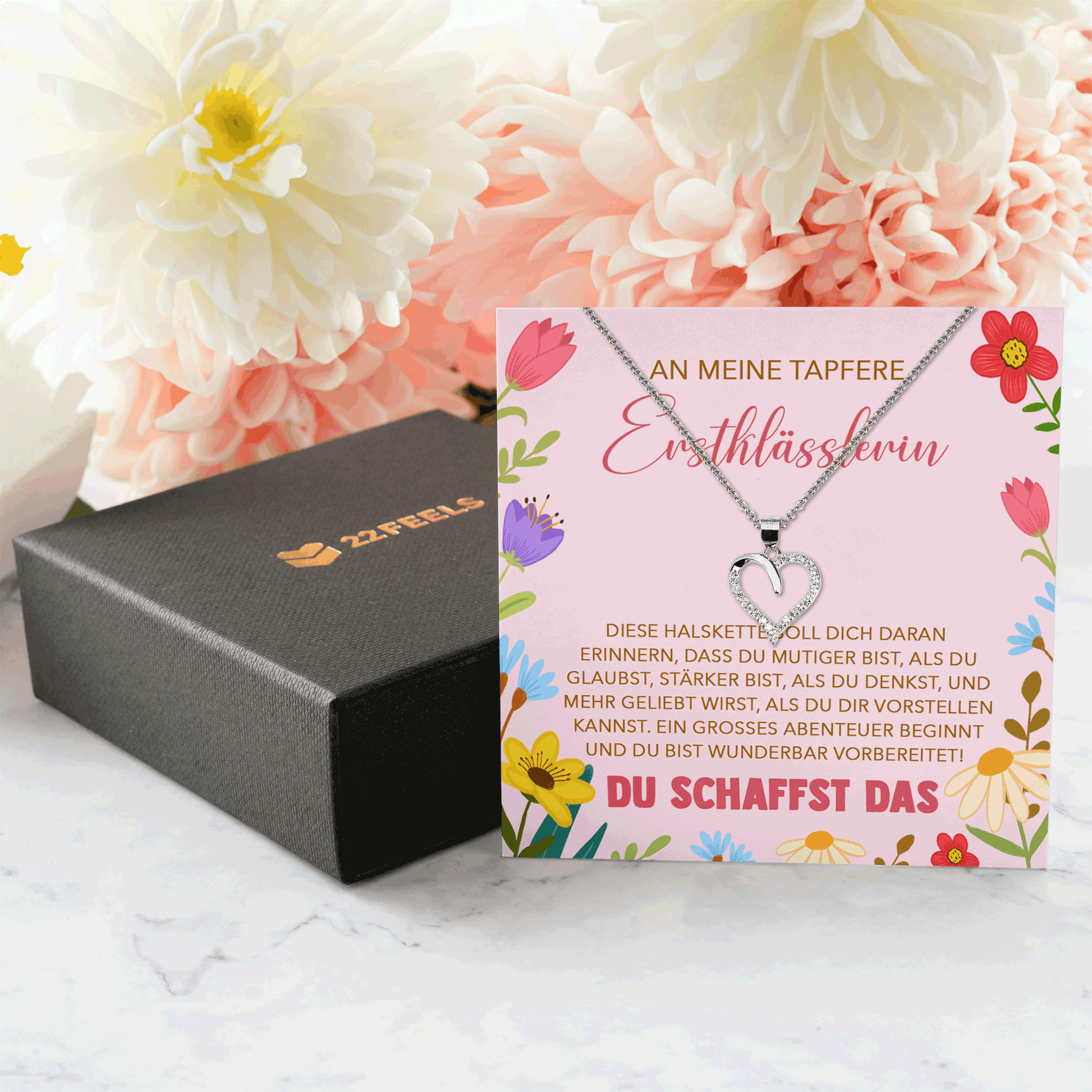 22Feels® Mädchen Einschulung Geschenk zum Schulanfang 1. Klasse - Silber 925/000 Herz Halskette Kinder-Schmuck - Glückwunsch Erstklässlerin Idee Patenkind Tochter Enkelin Nichte-Schmuck mit Botschaftskarte - Herz21-22Feels