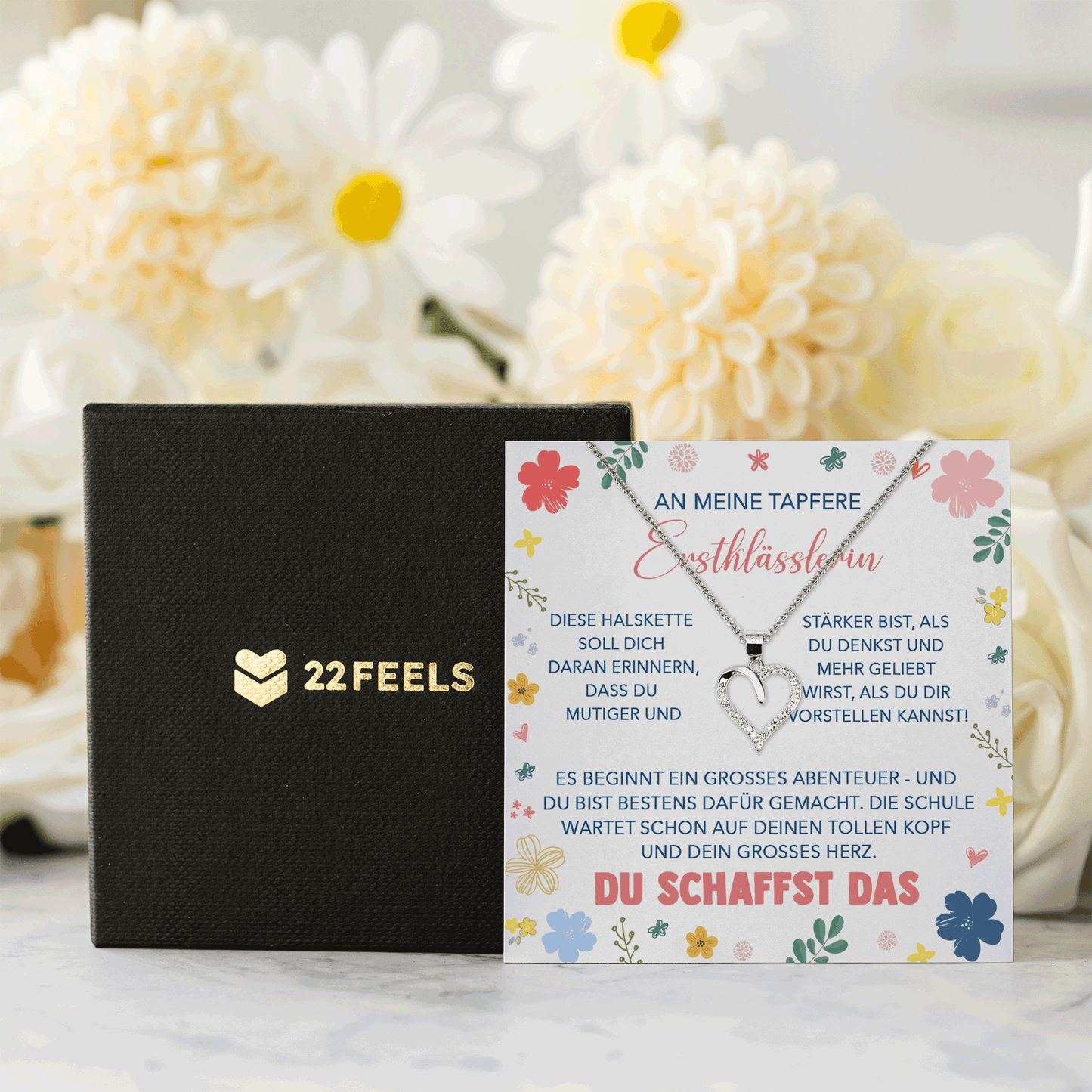 22Feels® Mädchen Einschulung Geschenk zum Schulanfang 1. Klasse - Silber 925/000 Herz Halskette Kinder-Schmuck - Glückwunsch Erstklässlerin Idee Patenkind Tochter Enkelin Nichte-Schmuck mit Botschaftskarte - Herz21-22Feels