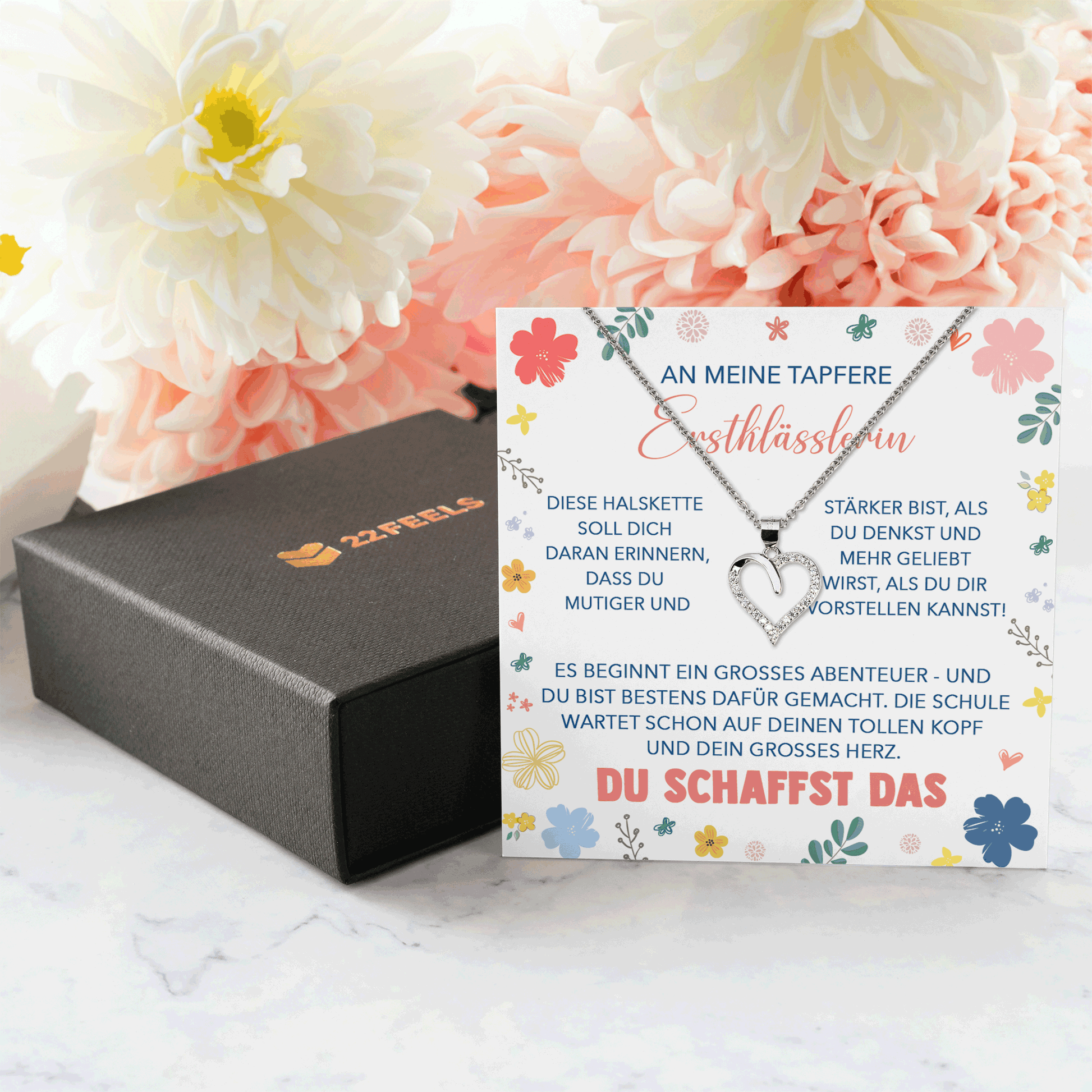 22Feels® Mädchen Einschulung Geschenk zum Schulanfang 1. Klasse - Silber 925/000 Herz Halskette Kinder-Schmuck - Glückwunsch Erstklässlerin Idee Patenkind Tochter Enkelin Nichte-Schmuck mit Botschaftskarte - Herz21-22Feels