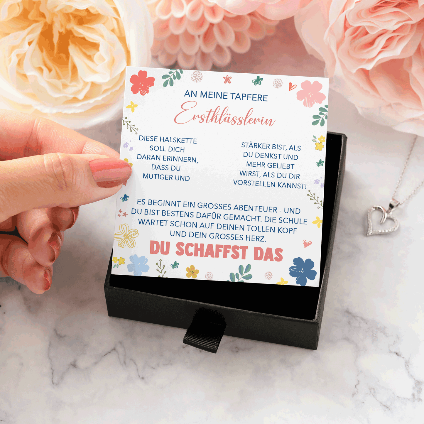 22Feels® Mädchen Einschulung Geschenk zum Schulanfang 1. Klasse - Silber 925/000 Herz Halskette Kinder-Schmuck - Glückwunsch Erstklässlerin Idee Patenkind Tochter Enkelin Nichte-Schmuck mit Botschaftskarte - Herz21-22Feels