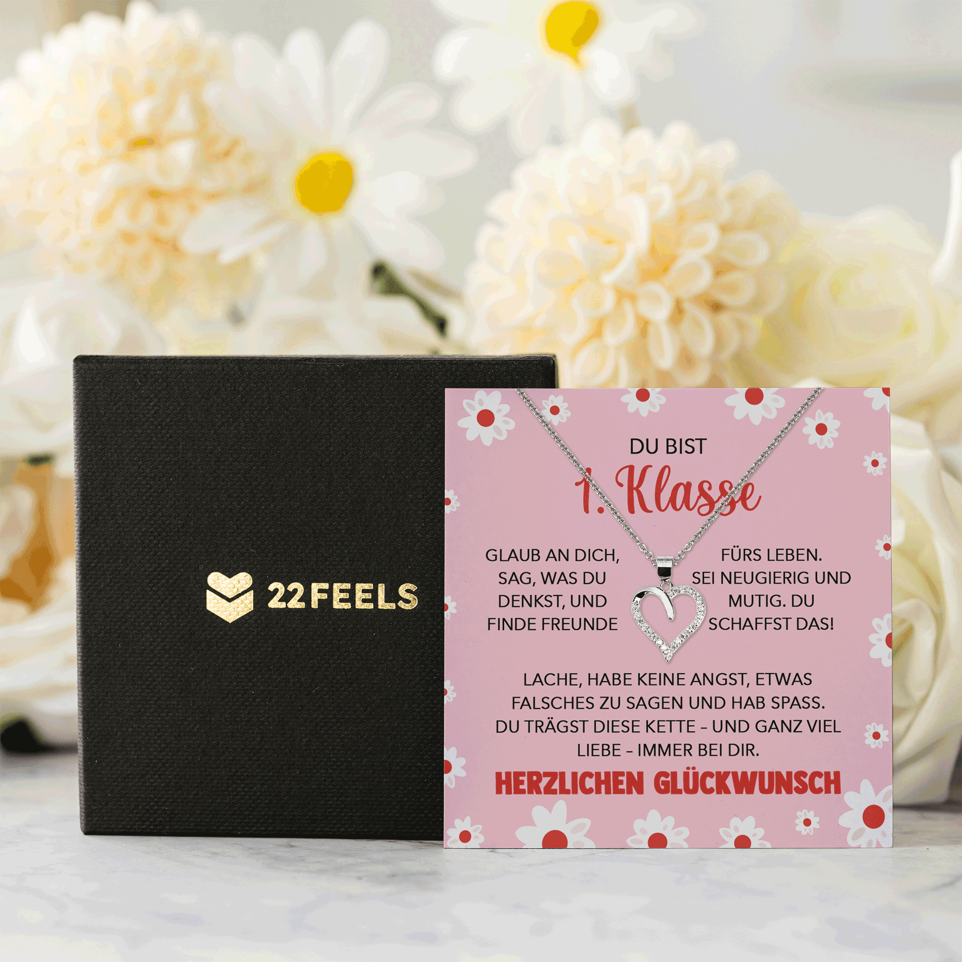 22Feels® Mädchen Einschulung Geschenk zum Schulanfang 1. Klasse - Silber 925/000 Herz Halskette Kinder-Schmuck - Glückwunsch Erstklässlerin Idee Patenkind Tochter Enkelin Nichte-Schmuck mit Botschaftskarte - Herz21-22Feels