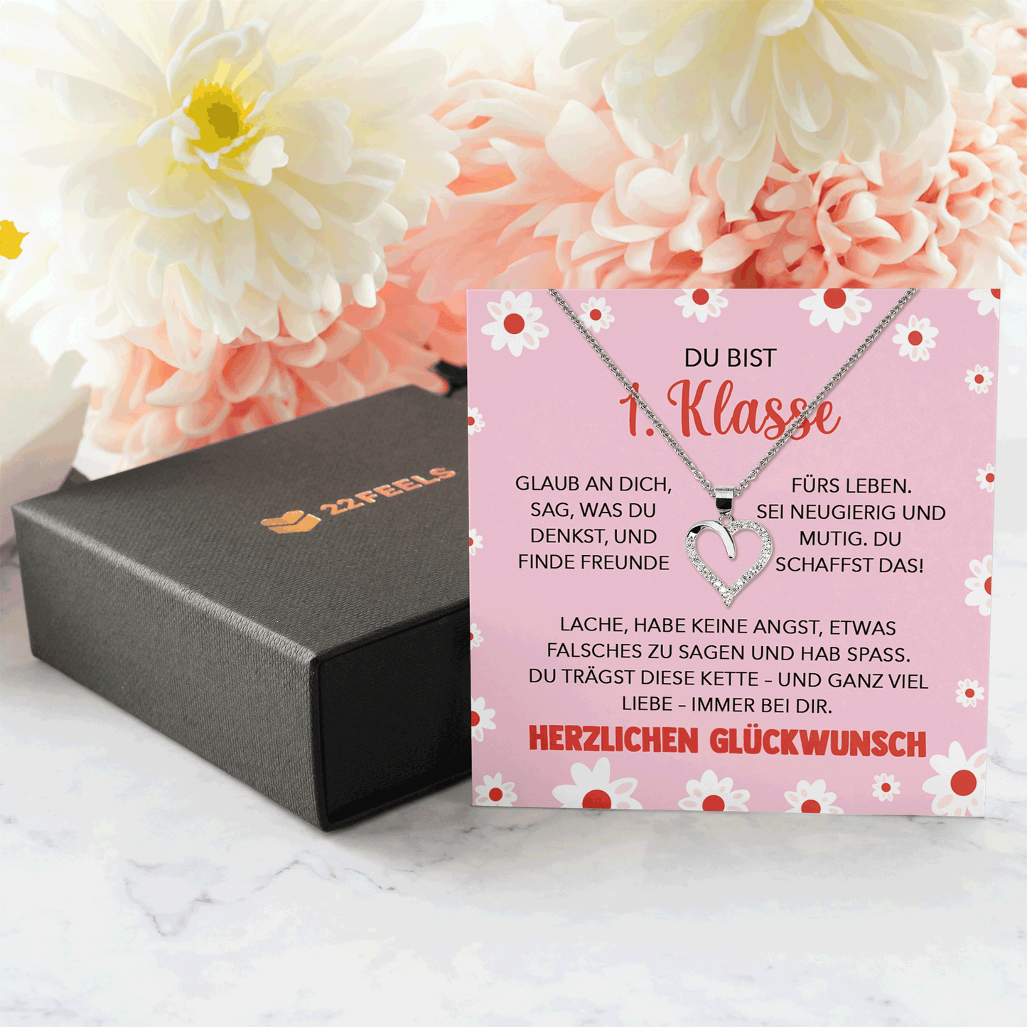 22Feels® Mädchen Einschulung Geschenk zum Schulanfang 1. Klasse - Silber 925/000 Herz Halskette Kinder-Schmuck - Glückwunsch Erstklässlerin Idee Patenkind Tochter Enkelin Nichte-Schmuck mit Botschaftskarte - Herz21-22Feels
