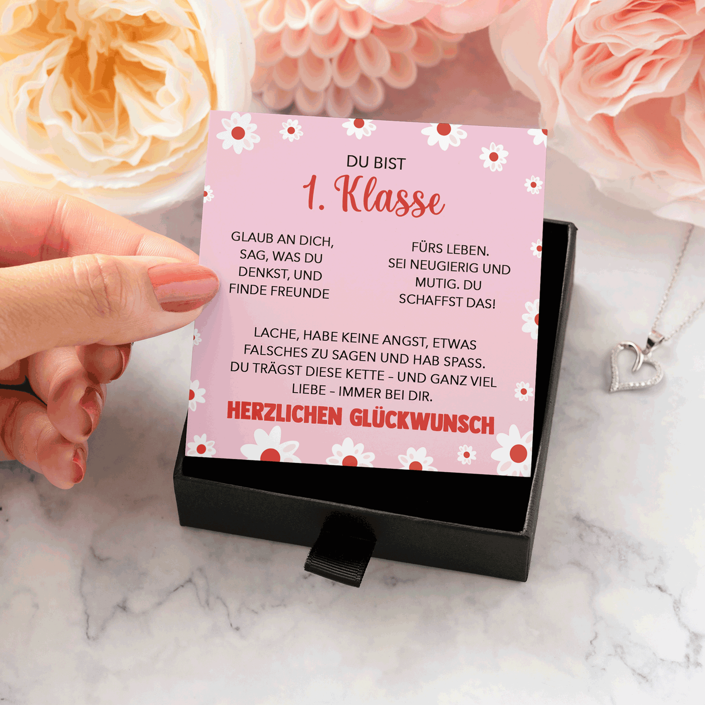 22Feels® Mädchen Einschulung Geschenk zum Schulanfang 1. Klasse - Silber 925/000 Herz Halskette Kinder-Schmuck - Glückwunsch Erstklässlerin Idee Patenkind Tochter Enkelin Nichte-Schmuck mit Botschaftskarte - Herz21-22Feels