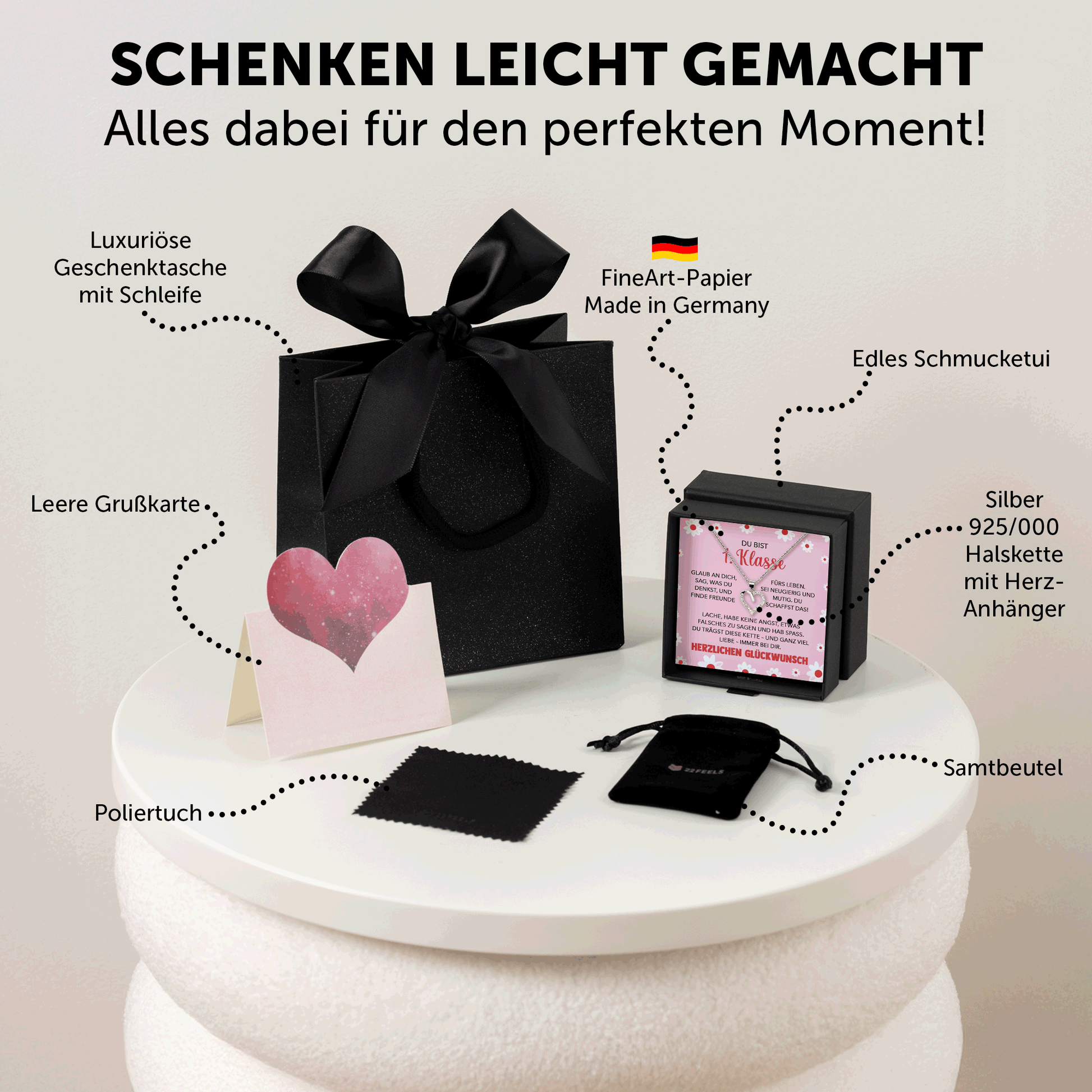 22Feels® Mädchen Einschulung Geschenk zum Schulanfang 1. Klasse - Silber 925/000 Herz Halskette Kinder-Schmuck - Glückwunsch Erstklässlerin Idee Patenkind Tochter Enkelin Nichte-Schmuck mit Botschaftskarte - Herz21-22Feels