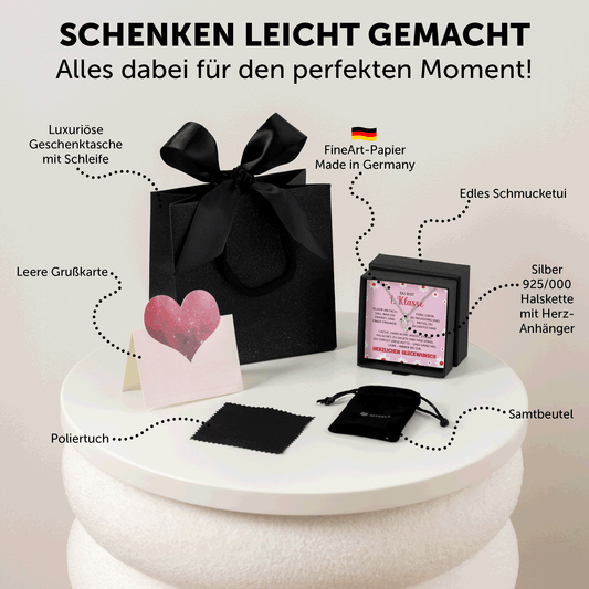 22Feels® Mädchen Einschulung Geschenk zum Schulanfang 1. Klasse - Silber 925/000 Herz Halskette Kinder-Schmuck - Glückwunsch Erstklässlerin Idee Patenkind Tochter Enkelin Nichte-Schmuck mit Botschaftskarte - Herz21-22Feels