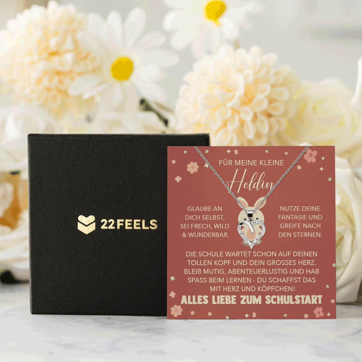 22Feels® Mädchen Einschulung Geschenk zum Schulanfang 1. Klasse - Silber 925/000 Herz Halskette Kinder-Schmuck - Glückwunsch Erstklässlerin Idee Patenkind Tochter Enkelin Nichte-Schmuck mit Botschaftskarte - Herz21-22Feels