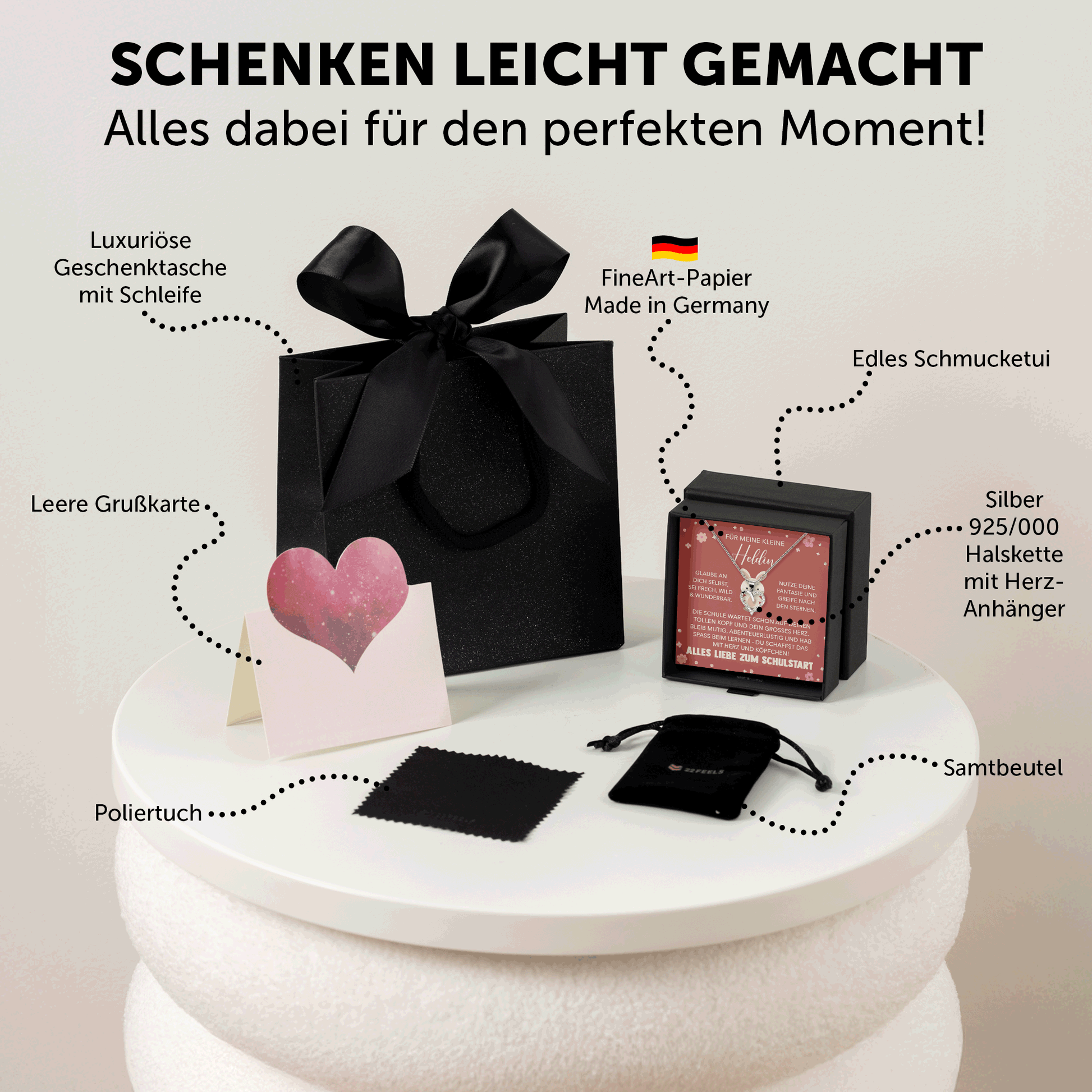 22Feels® Mädchen Einschulung Geschenk zum Schulanfang 1. Klasse - Silber 925/000 Herz Halskette Kinder-Schmuck - Glückwunsch Erstklässlerin Idee Patenkind Tochter Enkelin Nichte-Schmuck mit Botschaftskarte - Herz21-22Feels