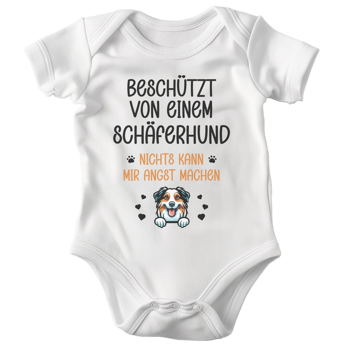 22Feels Unisex Babybody Bio-Baumwolle – Weiß mit Australian Shepherd Beschützt Spruch – Geschenk zur Geburt, Babyparty oder zum 1. Geburtstag für Hunde-Fans-Baby Body-22Feels