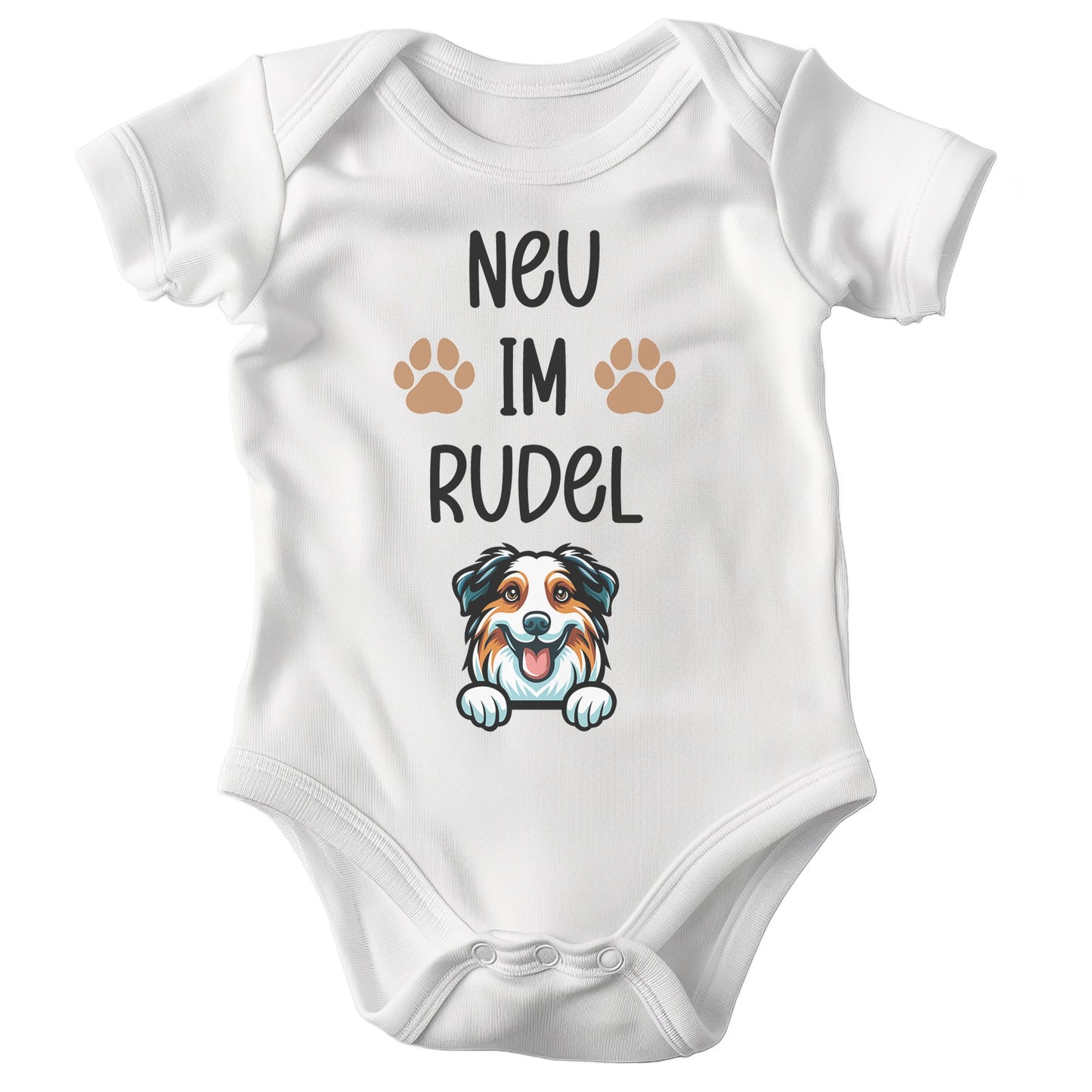 22Feels Unisex Babybody Bio-Baumwolle – Weiß mit Australian Shepherd Neu im Rudel – Geschenk zur Geburt, Babyparty oder zum 1. Geburtstag für Hunde-Fans-Baby Body-22Feels