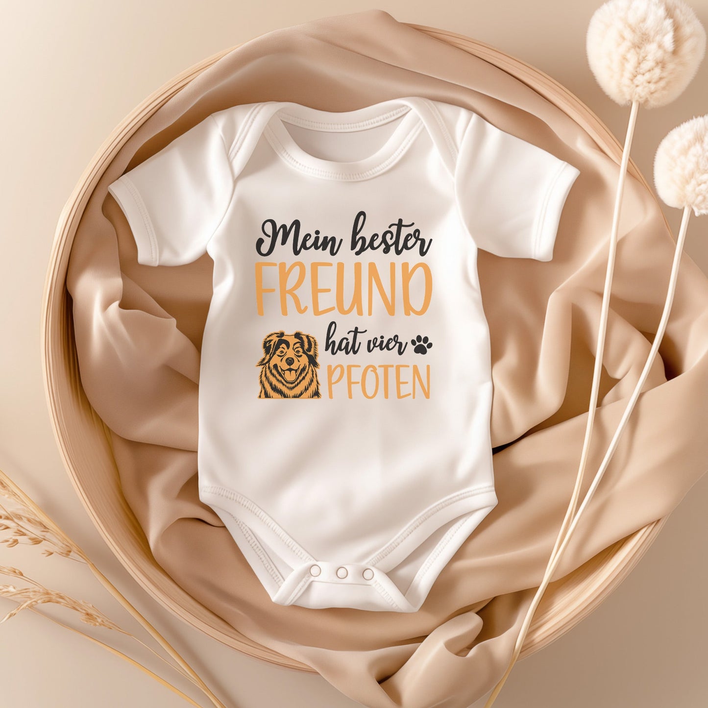 22Feels Unisex Babybody Bio-Baumwolle – Weiß mit Australian Shepherd Bester Freund – Geschenk zur Geburt, Babyparty oder zum 1. Geburtstag für Hunde-Fans-Baby Body-22Feels