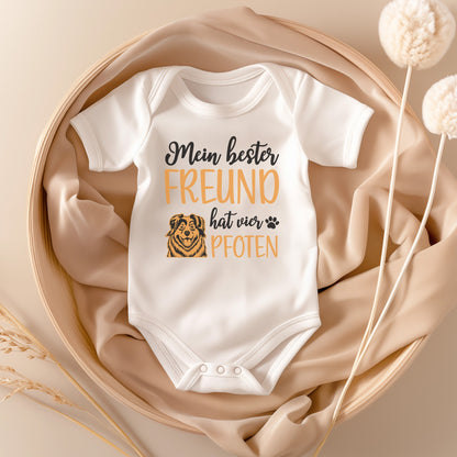 22Feels Unisex Babybody Bio-Baumwolle – Weiß mit Australian Shepherd Bester Freund – Geschenk zur Geburt, Babyparty oder zum 1. Geburtstag für Hunde-Fans-Baby Body-22Feels