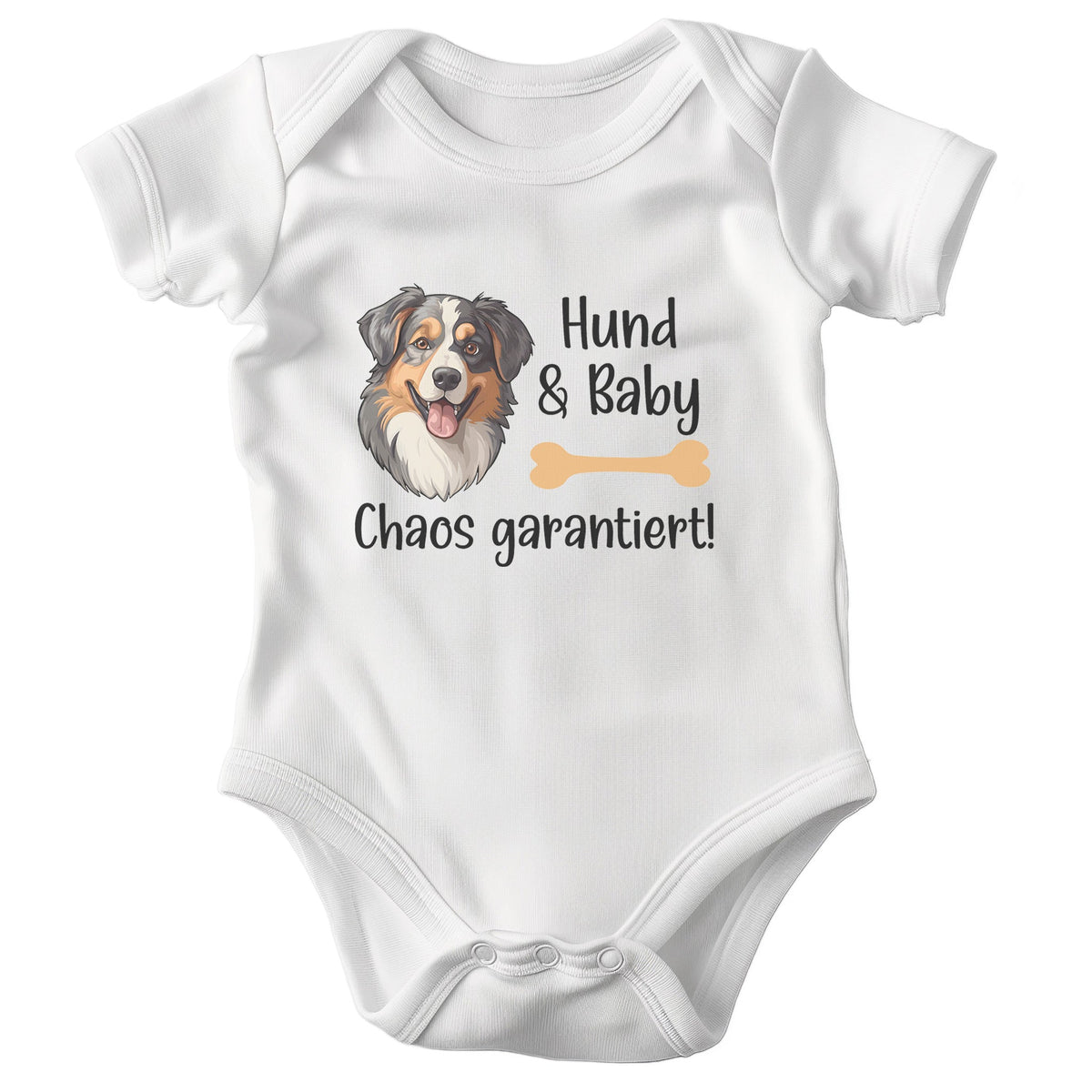 22Feels Unisex Babybody Bio-Baumwolle – Weiß mit Australian Shepherd Chaos Spruch – Geschenk zur Geburt, Babyparty oder zum 1. Geburtstag für Hunde-Fans-Baby Body-22Feels
