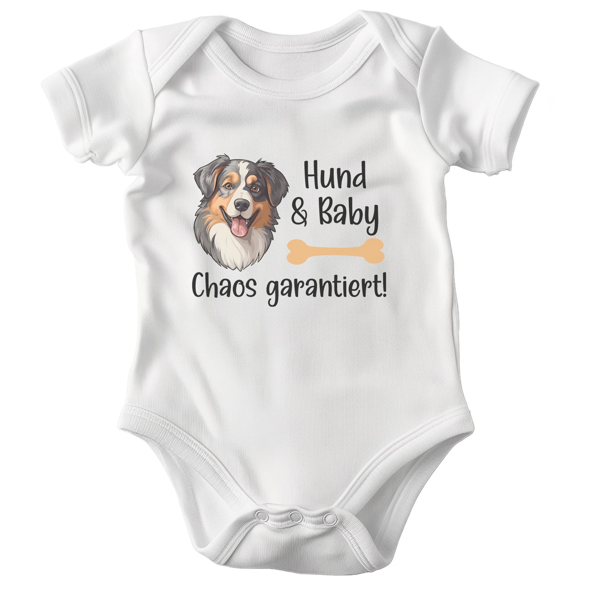 22Feels Unisex Babybody Bio-Baumwolle – Weiß mit Australian Shepherd Chaos Spruch – Geschenk zur Geburt, Babyparty oder zum 1. Geburtstag für Hunde-Fans-Baby Body-22Feels