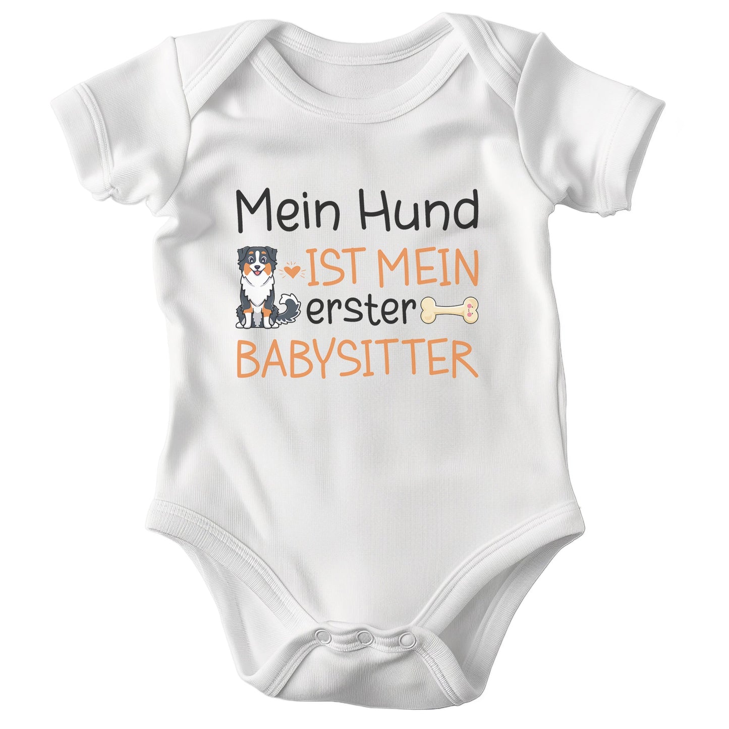 22Feels Unisex Babybody Bio-Baumwolle – Weiß mit Australian Shepherd Babysitter – Geschenk zur Geburt, Babyparty oder zum 1. Geburtstag für Hunde-Fans-Baby Body-22Feels