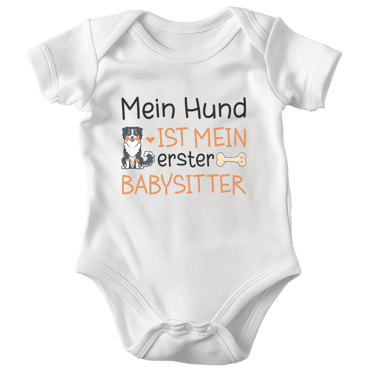 22Feels Unisex Babybody Bio-Baumwolle – Weiß mit Australian Shepherd Babysitter – Geschenk zur Geburt, Babyparty oder zum 1. Geburtstag für Hunde-Fans-Baby Body-22Feels