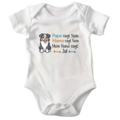 22Feels Unisex Babybody Bio-Baumwolle – Weiß mit Australian Shepherd Ja Spruch – Geschenk zur Geburt, Babyparty oder zum 1. Geburtstag für Hunde-Fans-Baby Body-22Feels