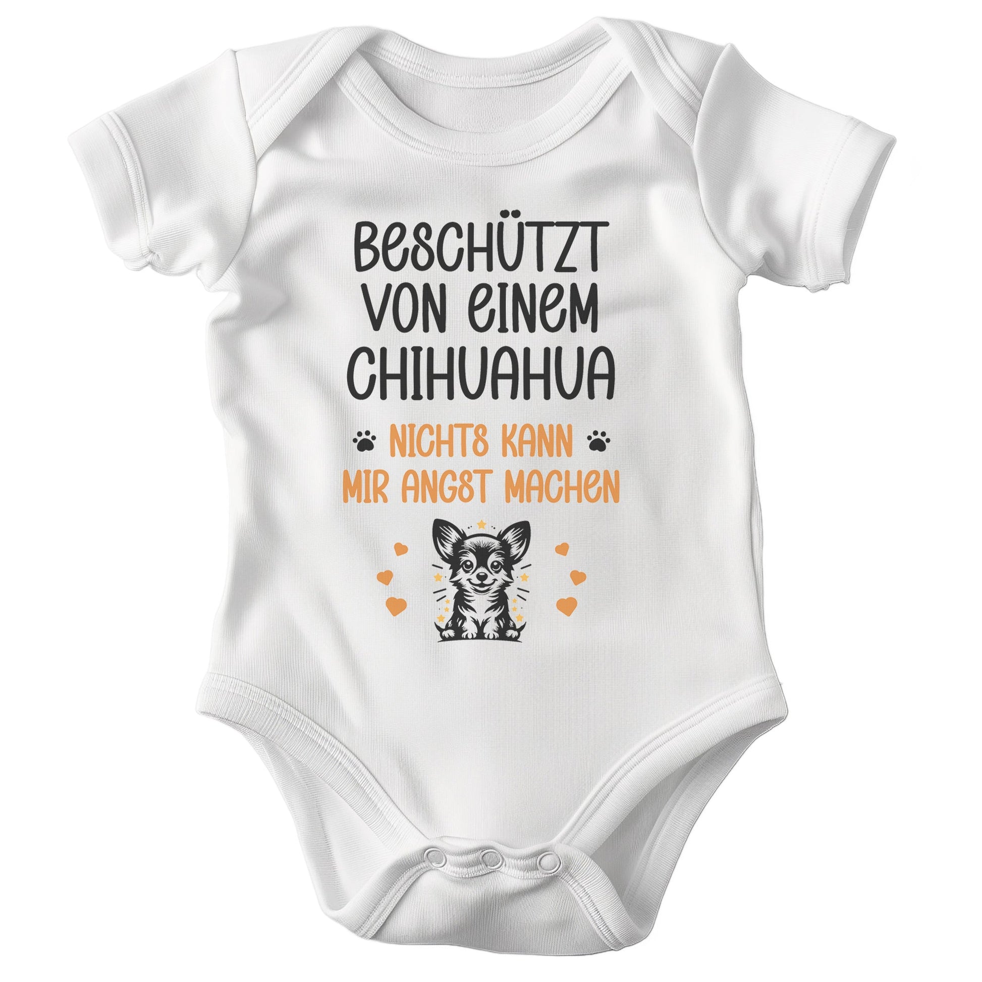 22Feels Unisex Babybody Bio-Baumwolle – Weiß mit Chihuahua Beschützt Spruch – Geschenk zur Geburt, Babyparty oder zum 1. Geburtstag für Hunde-Fans-Baby Body-22Feels