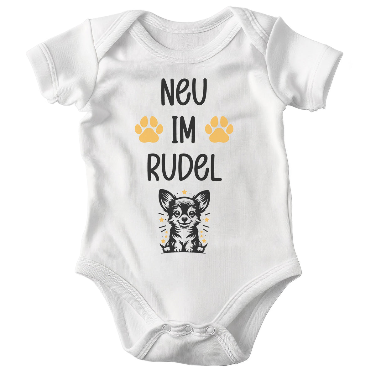 22Feels Unisex Babybody Bio-Baumwolle – Weiß mit Chihuahua Neu im Rudel – Geschenk zur Geburt, Babyparty oder zum 1. Geburtstag für Hunde-Fans-Baby Body-22Feels