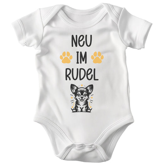 22Feels Unisex Babybody Bio-Baumwolle – Weiß mit Chihuahua Neu im Rudel – Geschenk zur Geburt, Babyparty oder zum 1. Geburtstag für Hunde-Fans-Baby Body-22Feels