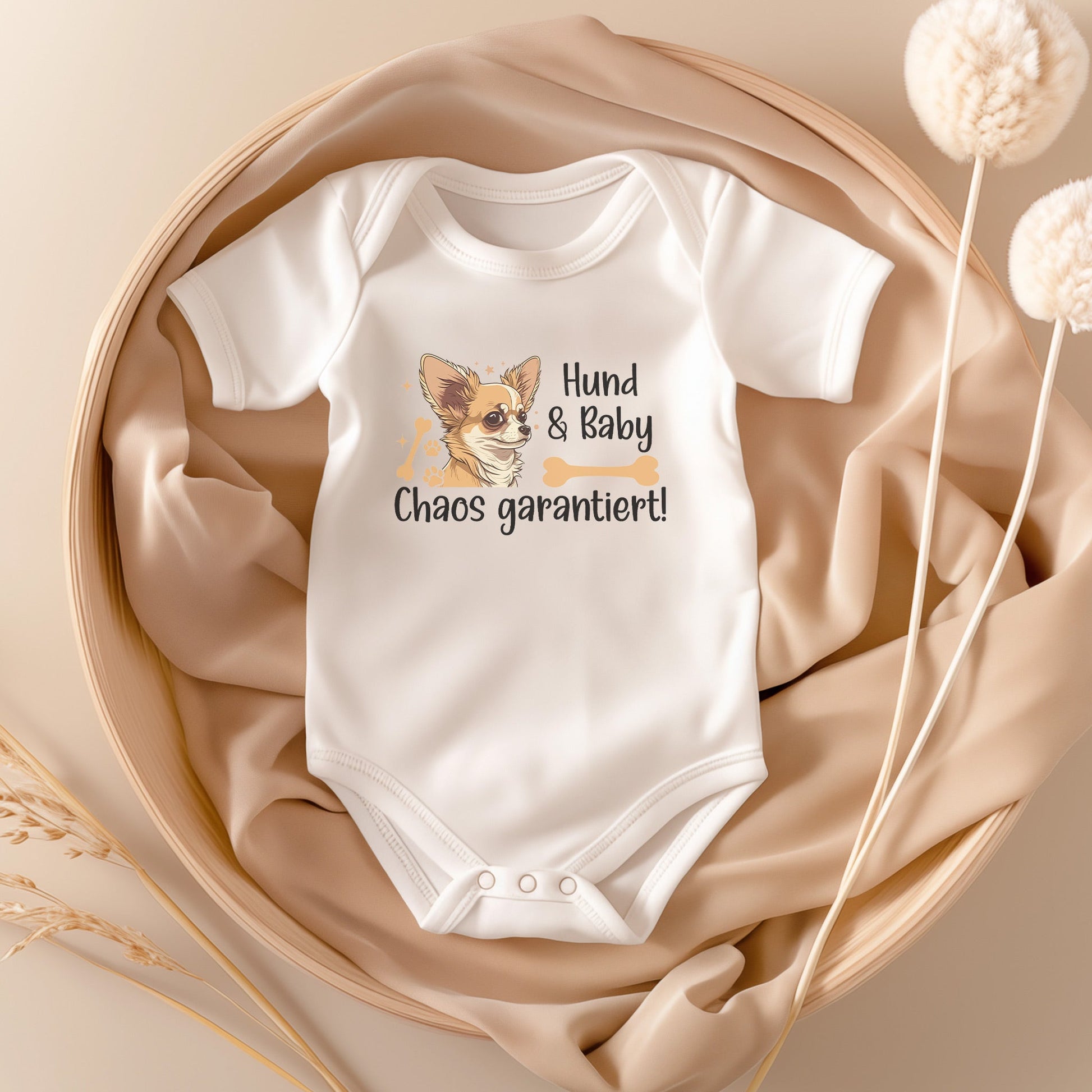 22Feels Unisex Babybody Bio-Baumwolle – Weiß mit Chihuahua Chaos Spruch – Geschenk zur Geburt, Babyparty oder zum 1. Geburtstag für Hunde-Fans-Baby Body-22Feels