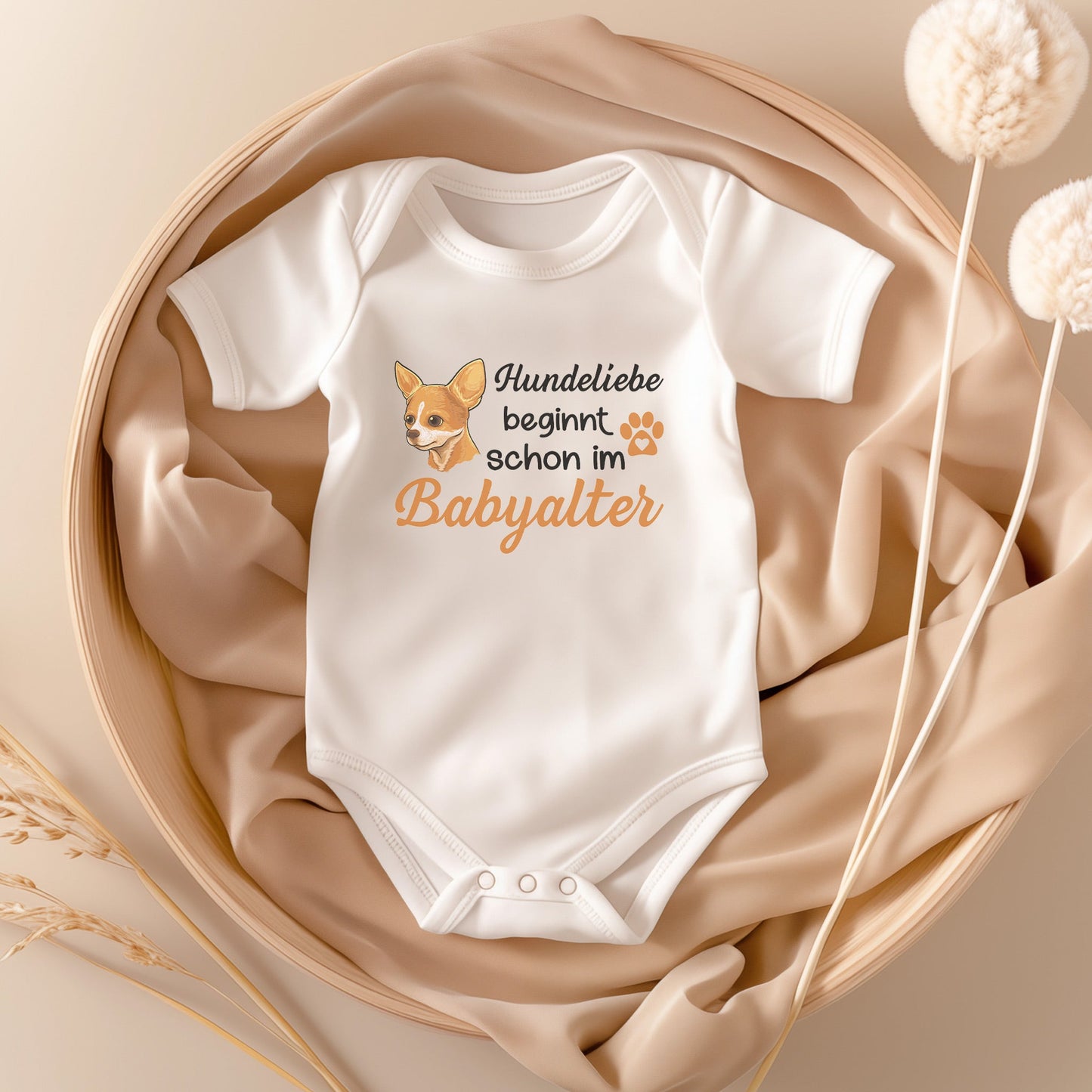 22Feels Unisex Babybody Bio-Baumwolle – Weiß mit Chihuahua Hundeliebe – Geschenk zur Geburt, Babyparty oder zum 1. Geburtstag für Hunde-Fans-Baby Body-22Feels
