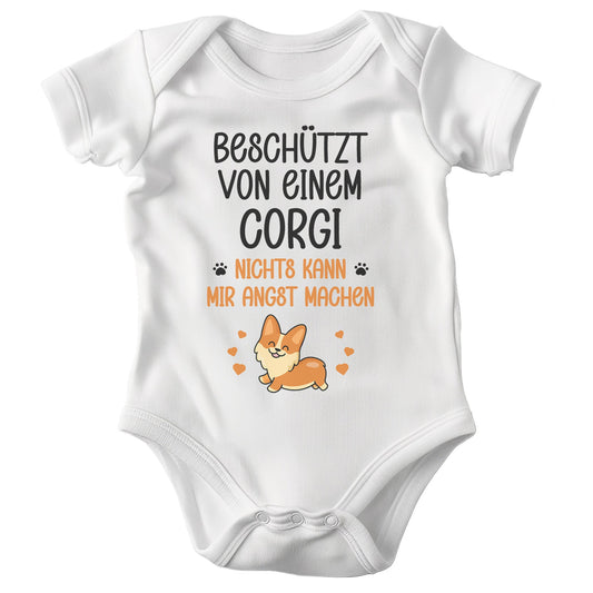 22Feels Unisex Babybody Bio-Baumwolle – Weiß mit Corgi Beschützt Spruch – Geschenk zur Geburt, Babyparty oder zum 1. Geburtstag für Hunde-Fans-Baby Body-22Feels
