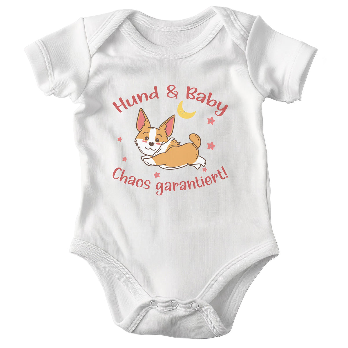 22Feels Unisex Babybody Bio-Baumwolle – Weiß mit Corgi Chaos Spruch – Geschenk zur Geburt, Babyparty oder zum 1. Geburtstag für Hunde-Fans-Baby Body-22Feels