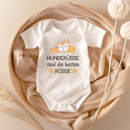 22Feels Unisex Babybody Bio-Baumwolle – Weiß mit Corgi Hundeküsse – Geschenk zur Geburt, Babyparty oder zum 1. Geburtstag für Hunde-Fans-Baby Body-22Feels