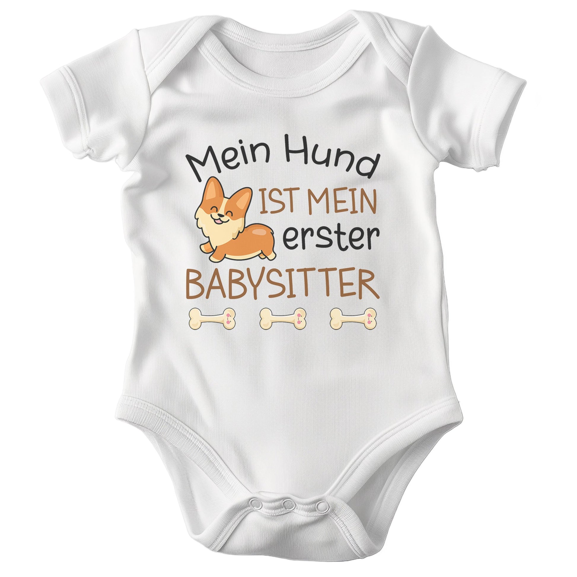 22Feels Unisex Babybody Bio-Baumwolle – Weiß mit Corgi Babysitter – Geschenk zur Geburt, Babyparty oder zum 1. Geburtstag für Hunde-Fans-Baby Body-22Feels