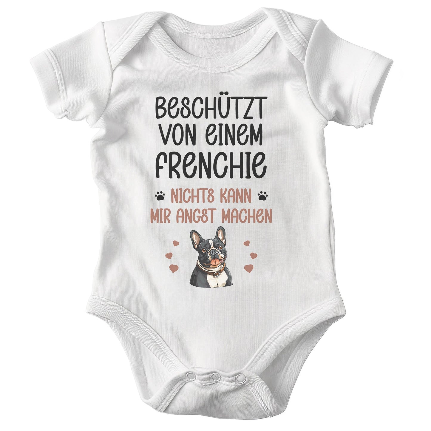 22Feels Unisex Babybody Bio-Baumwolle – Weiß mit Frenchie Beschützt Spruch – Geschenk zur Geburt, Babyparty oder zum 1. Geburtstag für Hunde-Fans-Baby Body-22Feels