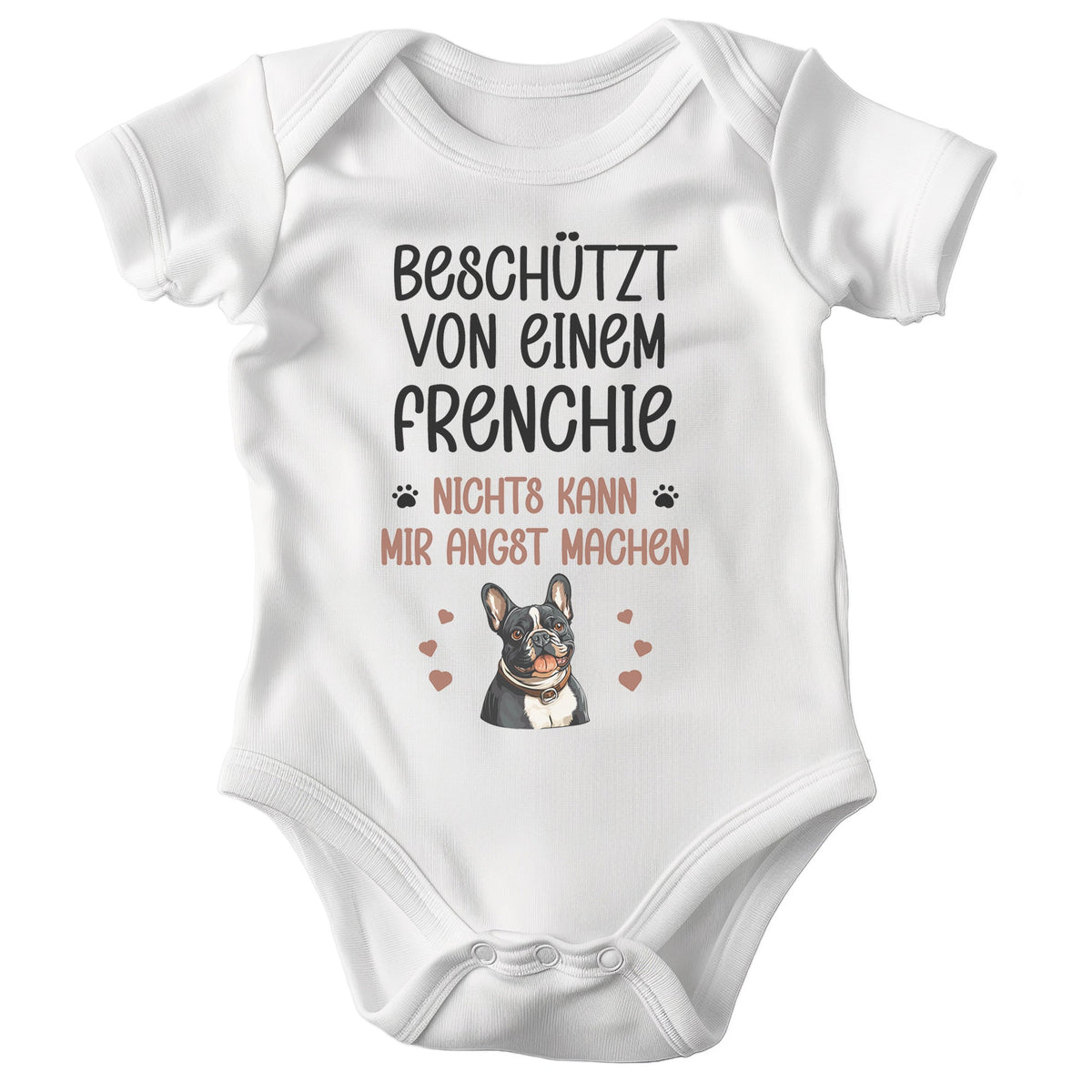 22Feels Unisex Babybody Bio-Baumwolle – Weiß mit Frenchie Beschützt Spruch – Geschenk zur Geburt, Babyparty oder zum 1. Geburtstag für Hunde-Fans-Baby Body-22Feels