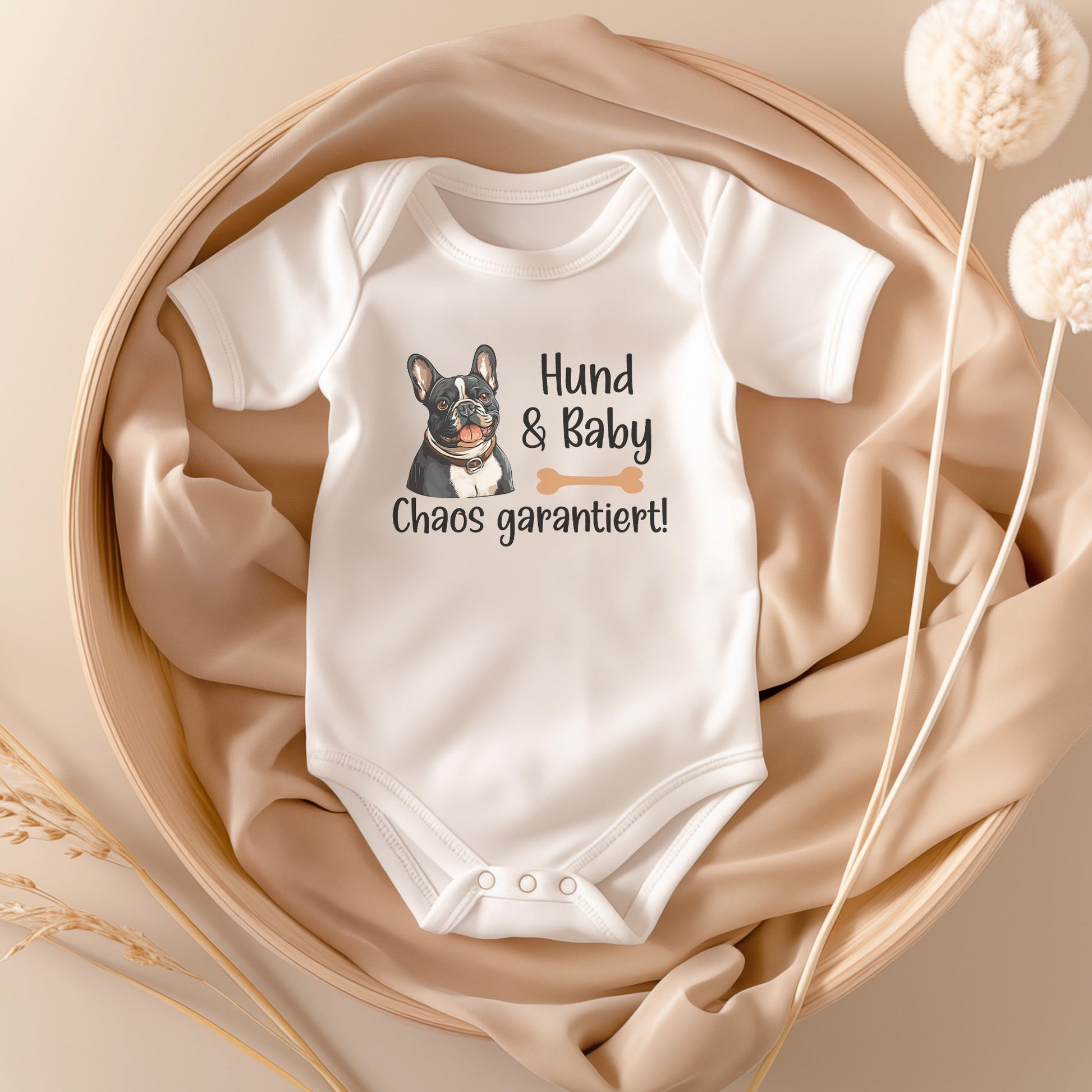 22Feels Unisex Babybody Bio-Baumwolle – Weiß mit Frenchie Chaos Spruch – Geschenk zur Geburt, Babyparty oder zum 1. Geburtstag für Hunde-Fans-Baby Body-22Feels