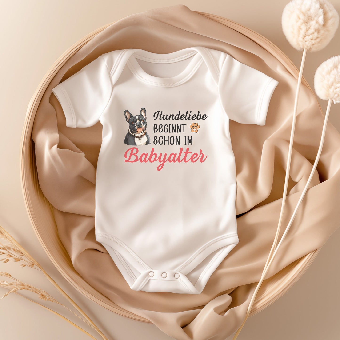 22Feels Unisex Babybody Bio-Baumwolle – Weiß mit Frenchie Hundeliebe – Geschenk zur Geburt, Babyparty oder zum 1. Geburtstag für Hunde-Fans-Baby Body-22Feels